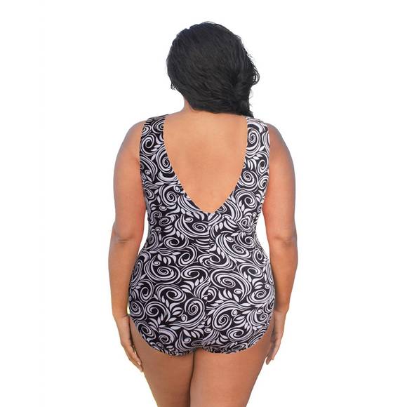 NEW ALWAYS FOR ME double v plunge one piece swimsuit - plus size in white scroll - Picture 2 of 2